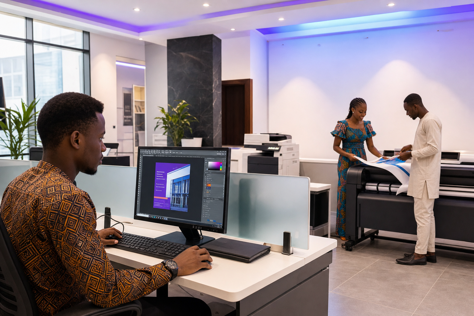 Modern cyber café and business centre with computer workstations and printing equipment